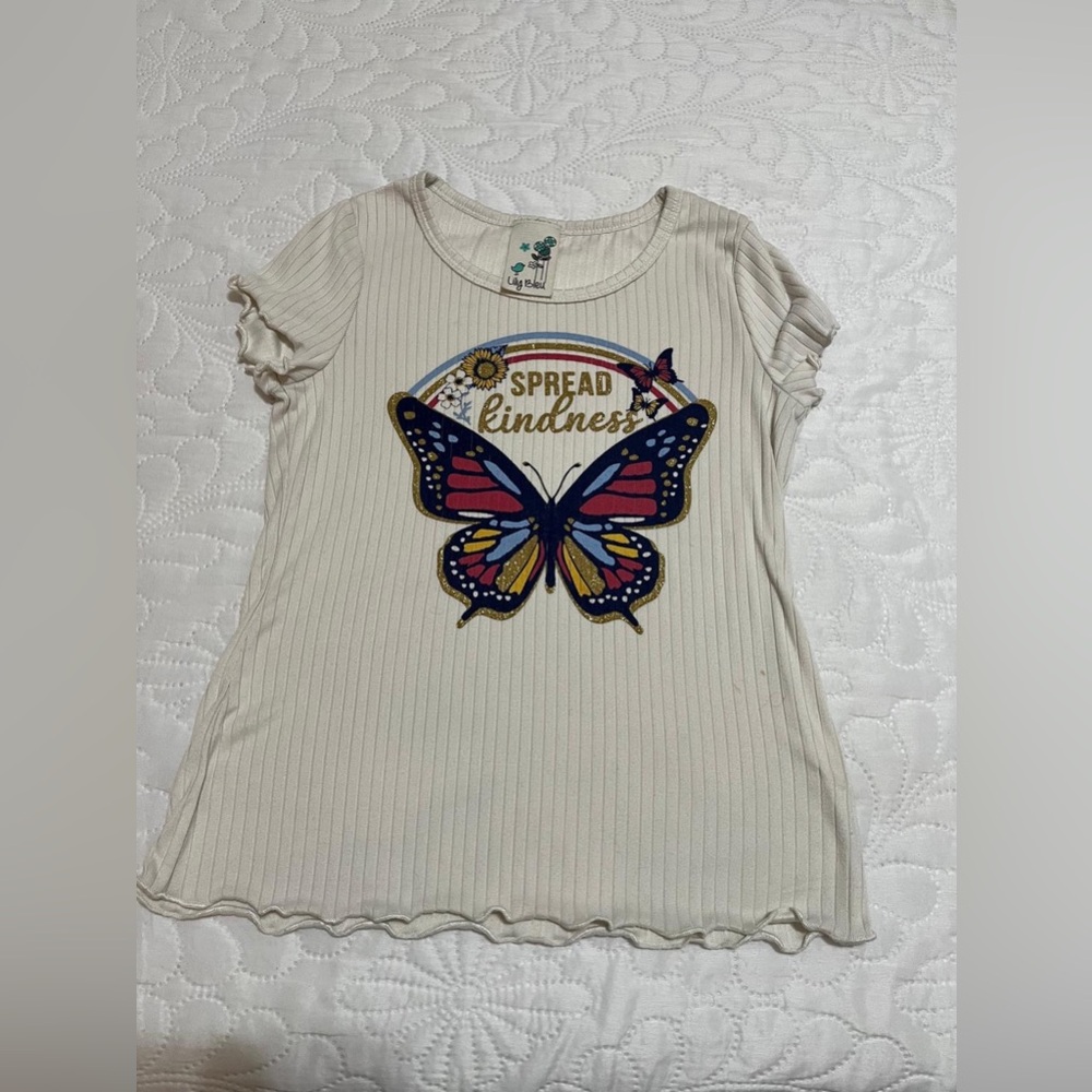 (18) Lily Bleu Cream Short Sleeve Tee with Butterfly Design